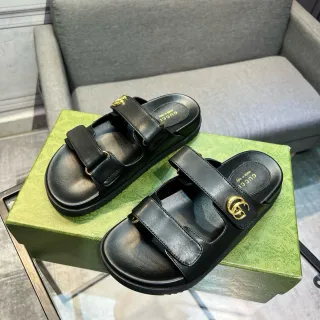 Gucci Double Strap Slide Black Gold Interlocking G Buckle Casual Sandals