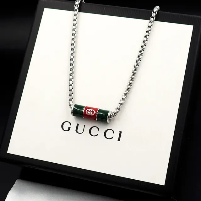Gucci इनेमल बैरल पेंडेंट सिल्वर ग्रीन कर्ब चेन नेकलेस 3
