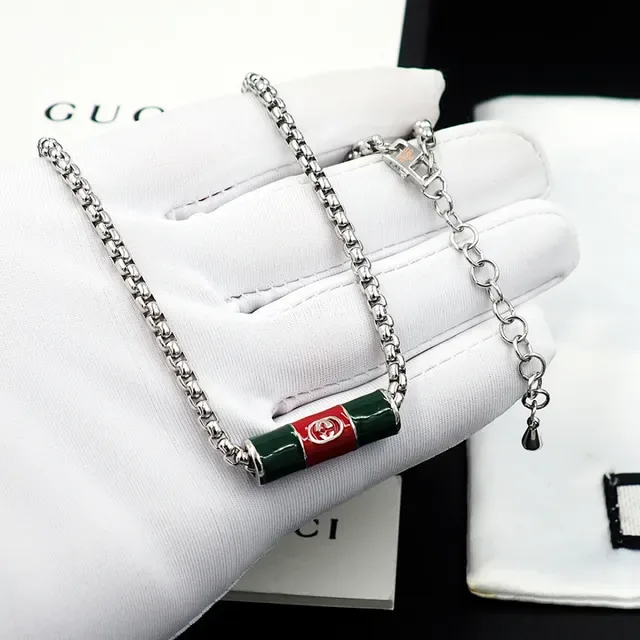 Gucci इनेमल बैरल पेंडेंट सिल्वर ग्रीन कर्ब चेन नेकलेस 7