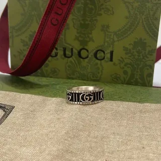 Gucci GG Logo Band Silver Black Wide Interlocking Ring