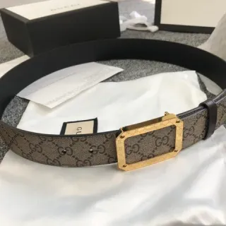 Gucci GG Marmont Beige Gold Monogram Canvas Rectangular Buckle Leather Belt