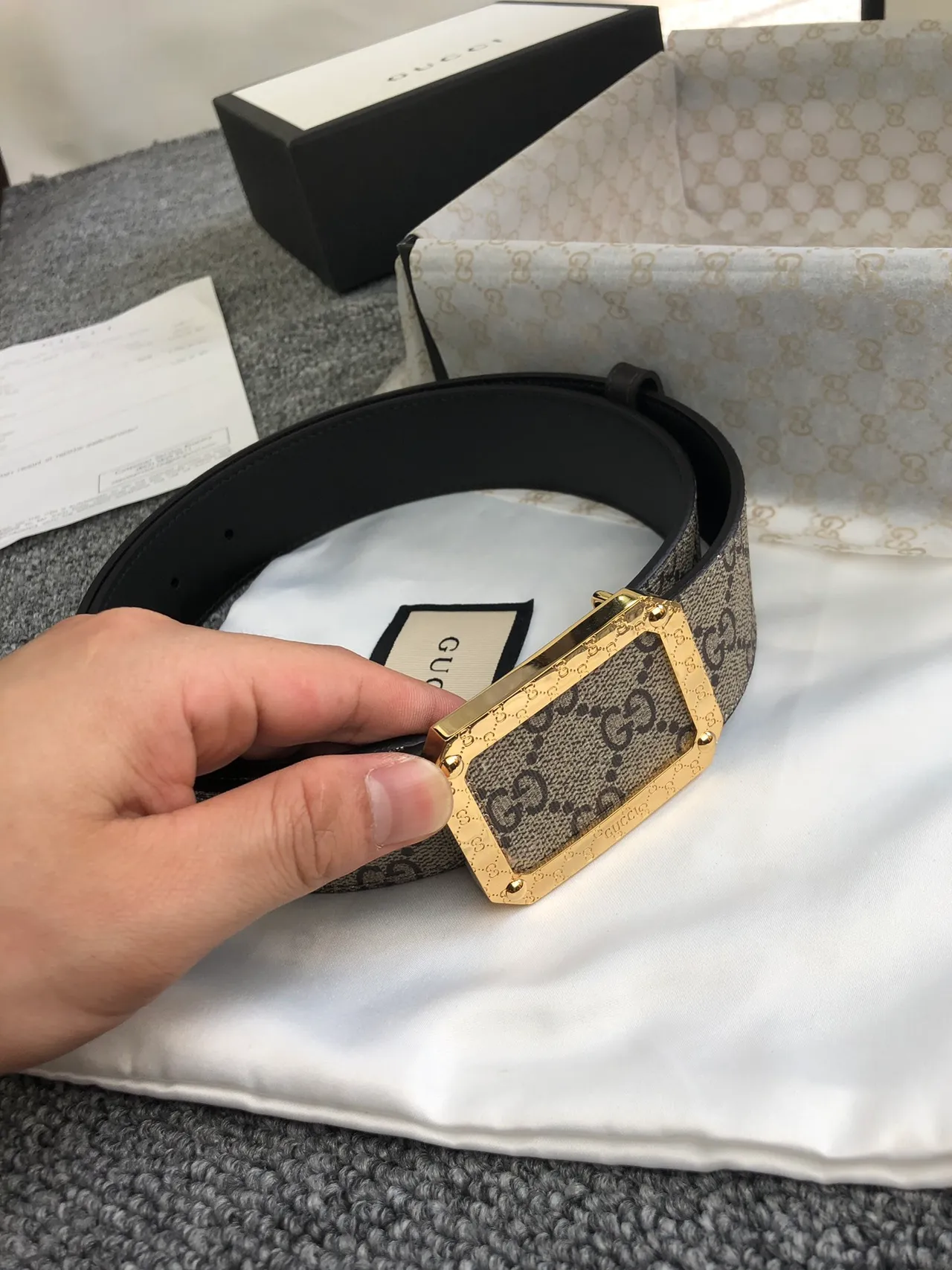 Gucci GG Marmont Beige Gold Monogram Canvas Rectangular Buckle Leather Belt 2