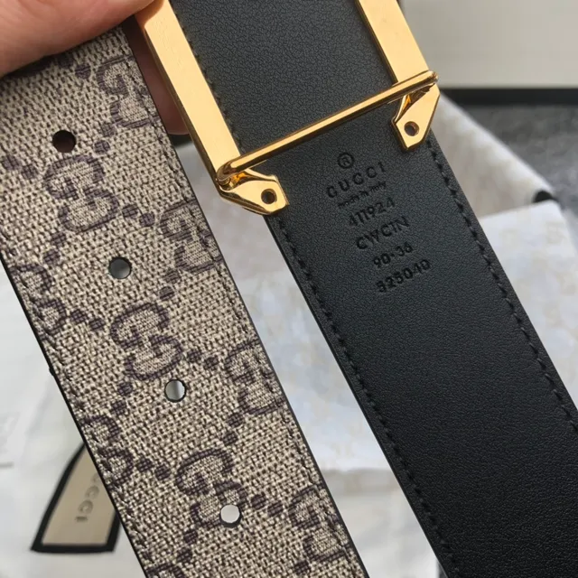 Gucci GG Marmont Beige Gold Monogram Canvas Rectangular Buckle Leather Belt 4