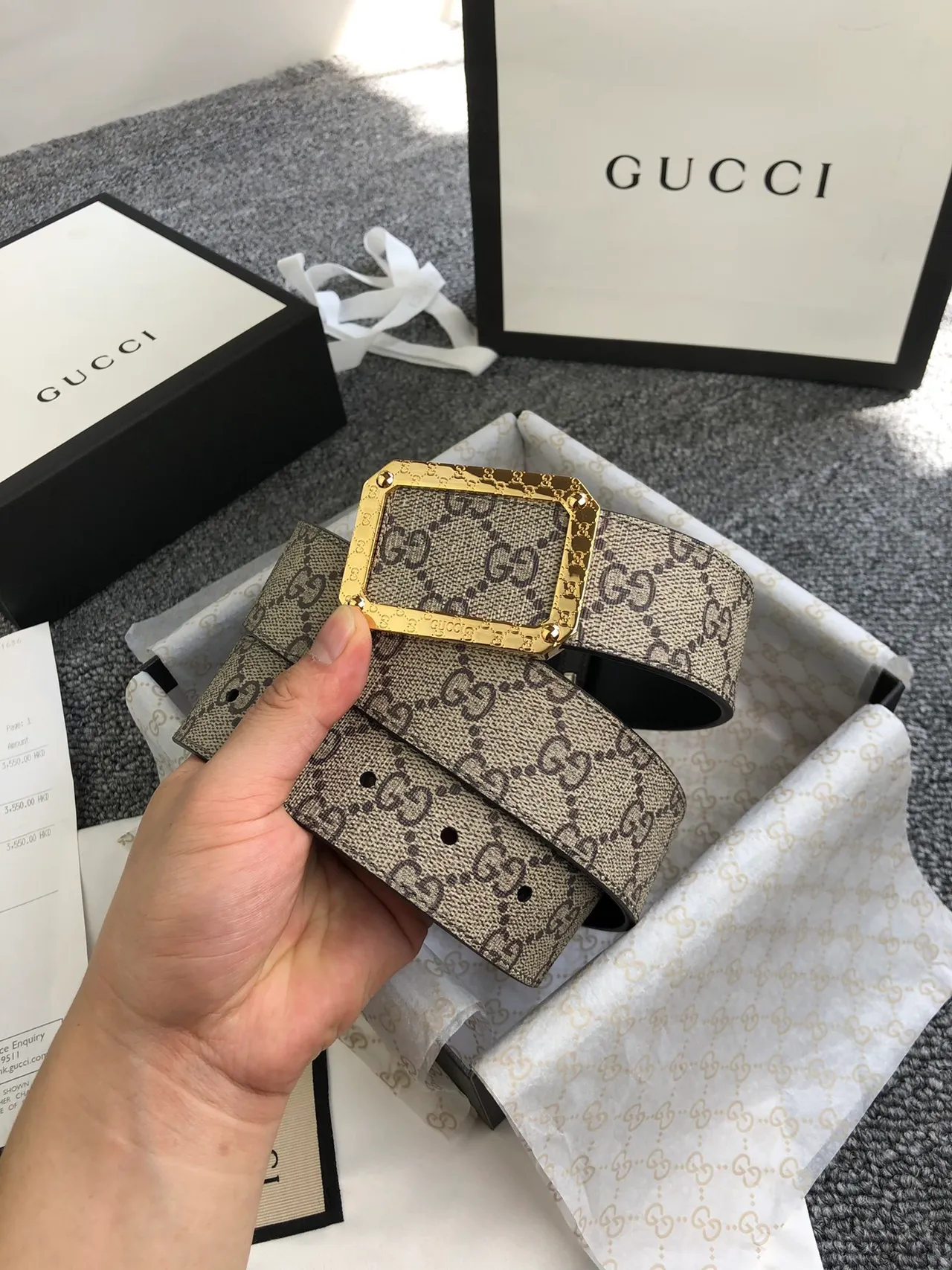 Gucci GG Marmont Beige Gold Monogram Canvas Rectangular Buckle Leather Belt 5