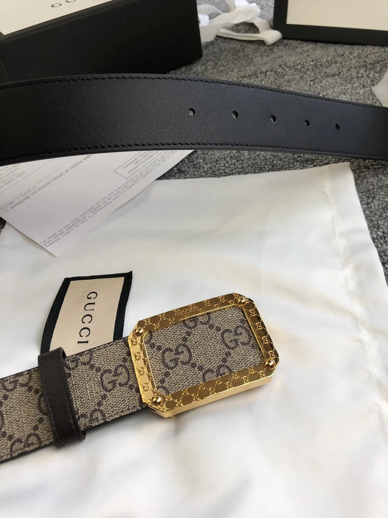 Gucci GG Marmont Beige Gold Monogram Canvas Rectangular Buckle Leather Belt 6