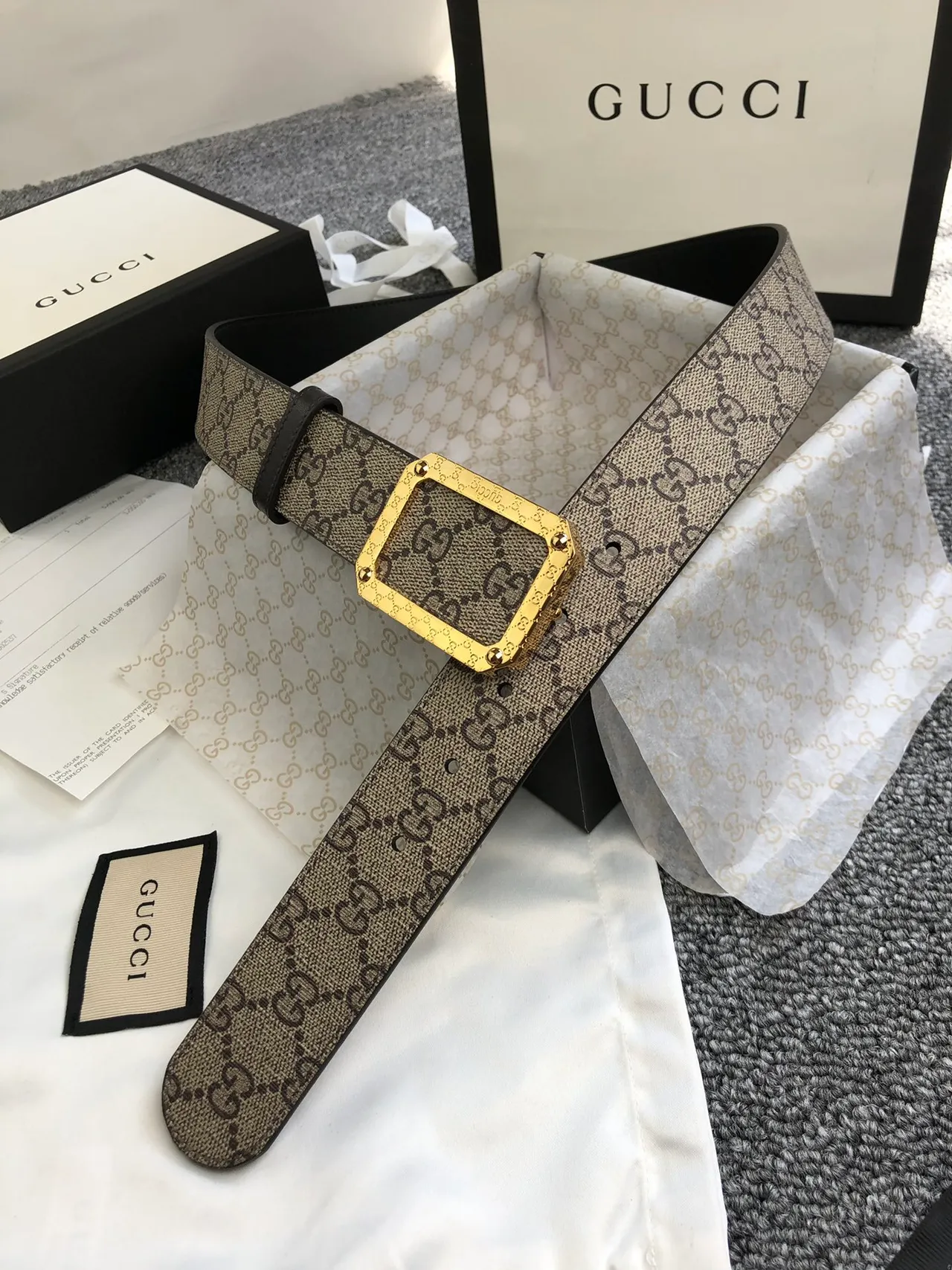 Gucci GG Marmont Beige Gold Monogram Canvas Rectangular Buckle Leather Belt 8