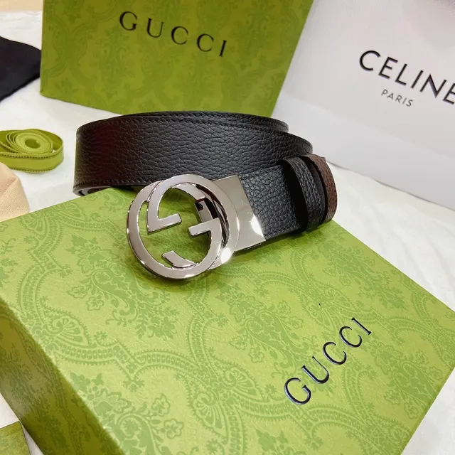 Ceinture en cuir Gucci GG Marmont noir brun texturée boucle Interlocking G 2