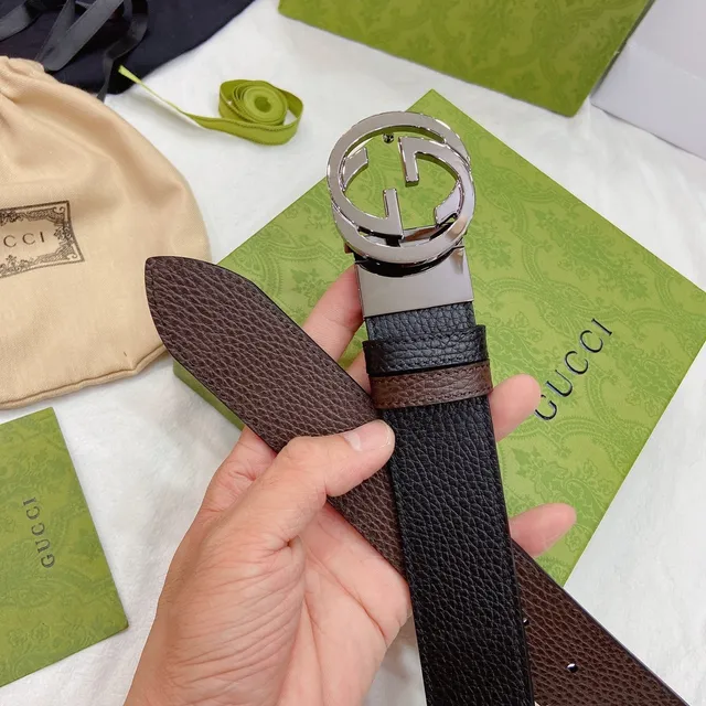 Ceinture en cuir Gucci GG Marmont noir brun texturée boucle Interlocking G 3