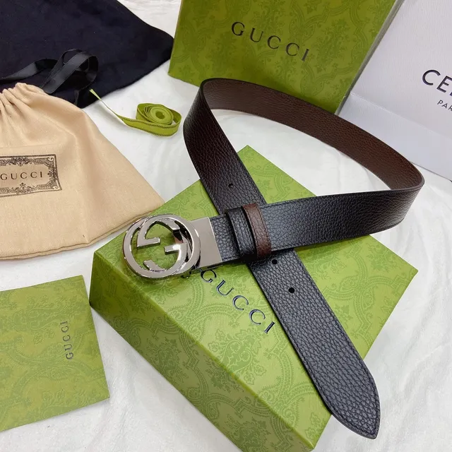 Ceinture en cuir Gucci GG Marmont noir brun texturée boucle Interlocking G 4