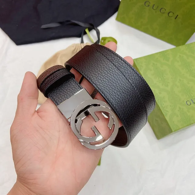 Ceinture en cuir Gucci GG Marmont noir brun texturée boucle Interlocking G 5