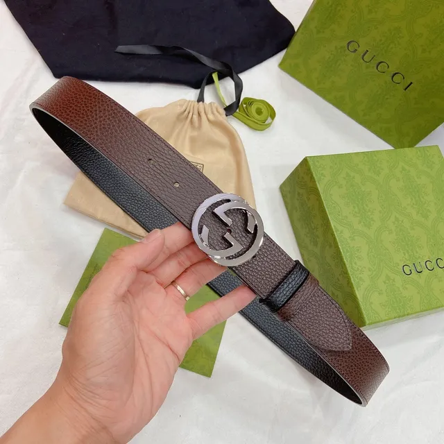 Ceinture en cuir Gucci GG Marmont noir brun texturée boucle Interlocking G 6