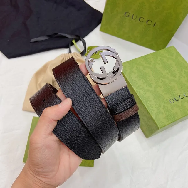 Ceinture en cuir Gucci GG Marmont noir brun texturée boucle Interlocking G 7