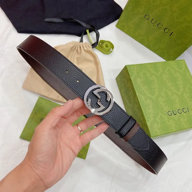 Ceinture en cuir Gucci GG Marmont noir brun texturée boucle Interlocking G 8