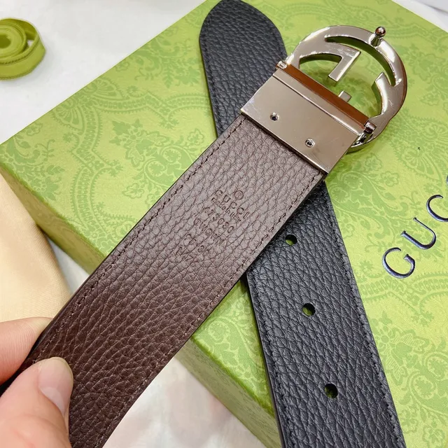 Ceinture en cuir Gucci GG Marmont noir brun texturée boucle Interlocking G 9