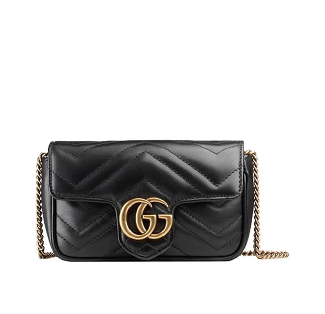 Gucci GG Marmont Black Gold Chevron-Quilted Leather Interlocking Hardware Handbag 5