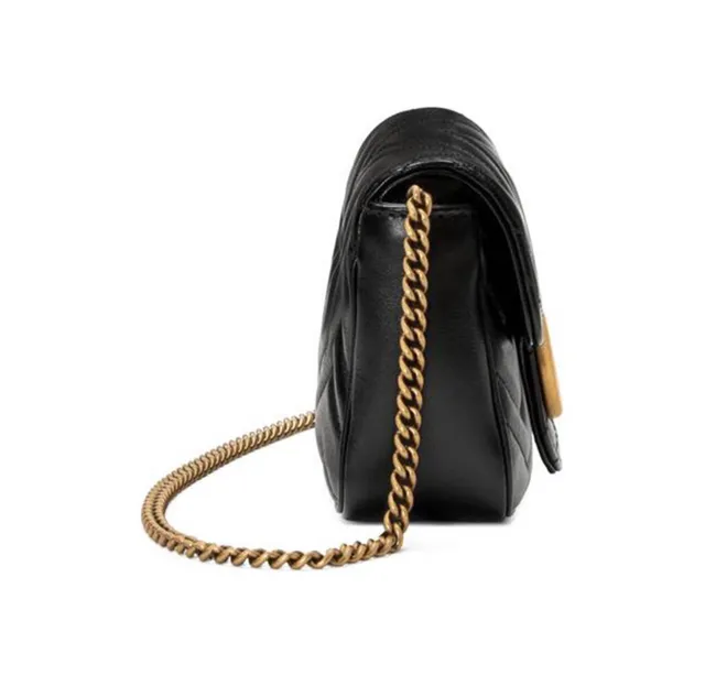 Gucci GG Marmont Black Gold Chevron-Quilted Leather Interlocking Hardware Handbag 7