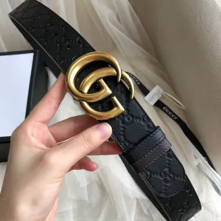 Gucci GG Marmont Black Gold Embossed Monogram Interlocking G Buckle Leather Belt