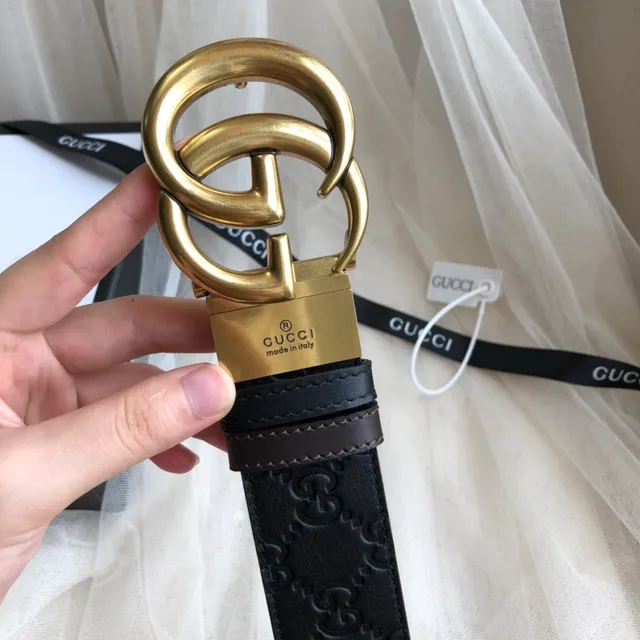 Gucci GG Marmont أسود ذهبي منقوش مونوغرام Interlocking G إبزيم جلد حزام 2