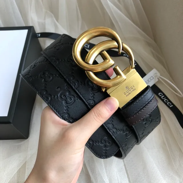 Gucci GG Marmont أسود ذهبي منقوش مونوغرام Interlocking G إبزيم جلد حزام 3