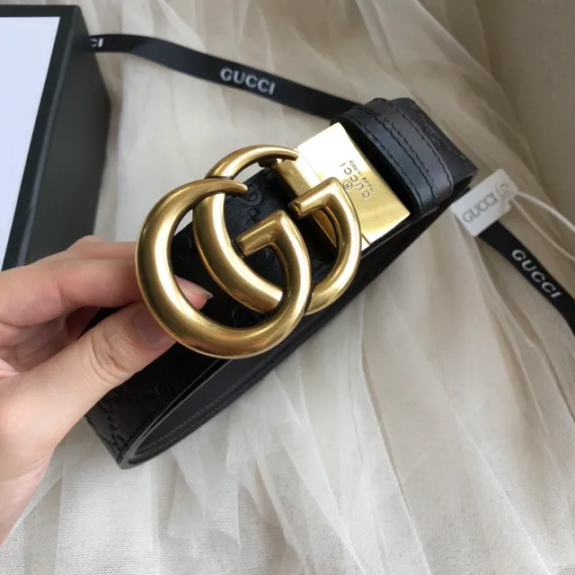 Gucci GG Marmont أسود ذهبي منقوش مونوغرام Interlocking G إبزيم جلد حزام 4