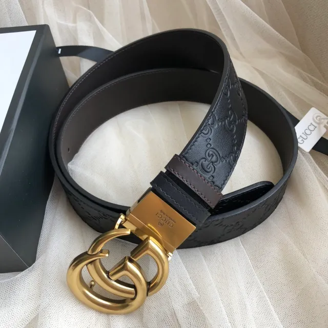 Gucci GG Marmont أسود ذهبي منقوش مونوغرام Interlocking G إبزيم جلد حزام 5