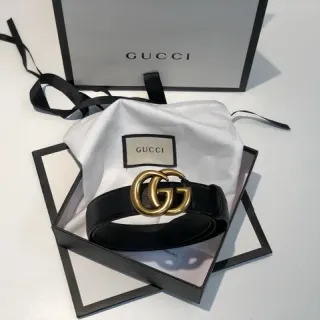 Gucci GG Marmont Black Gold Interlocking Double G Buckle Smooth Leather Belt