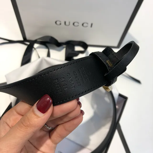 Gucci GG Marmont কালো সোনার Interlocking Double G বাকেল স্মুথ লেদার বেল্ট 2