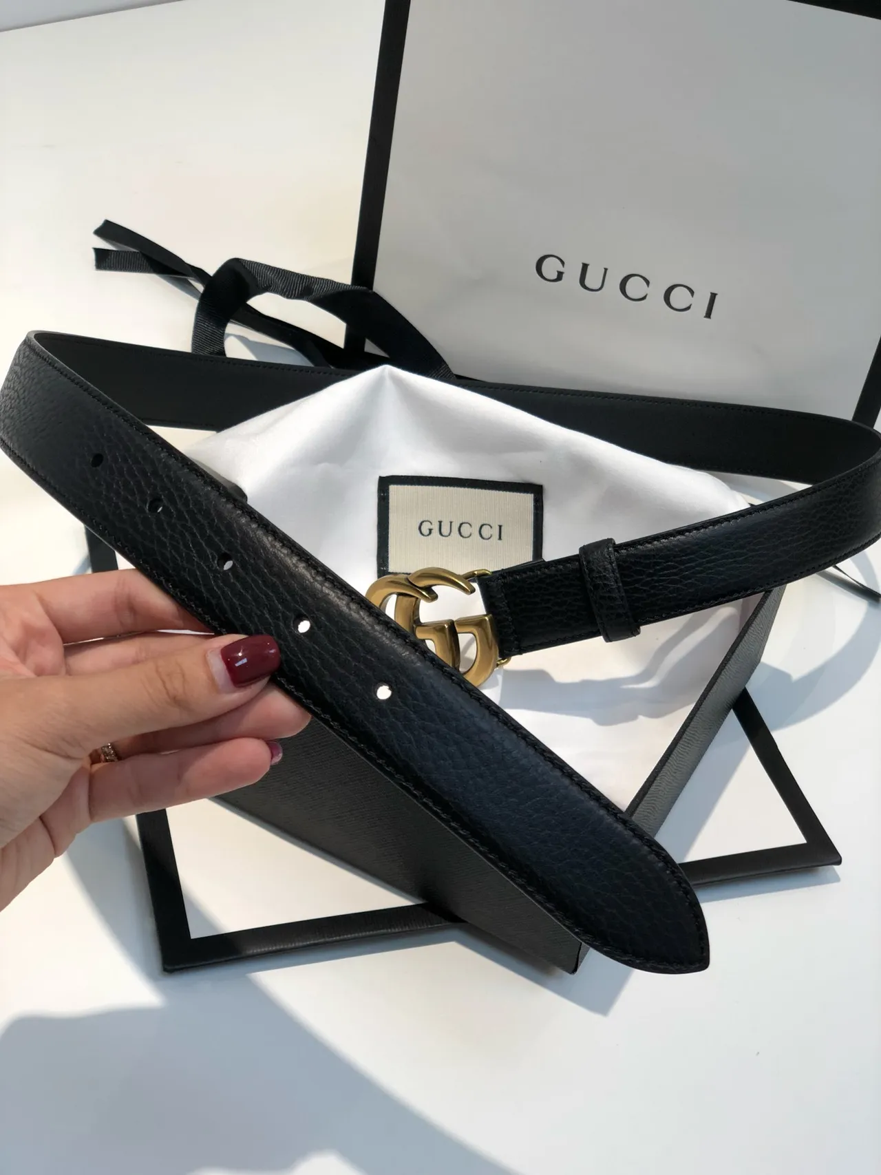Gucci GG Marmont কালো সোনার Interlocking Double G বাকেল স্মুথ লেদার বেল্ট 4