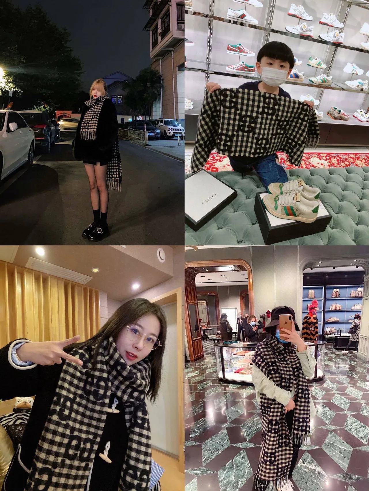 Gucci GG Marmont Black White Gingham Raised Interlocking G Monogram Scarve 3