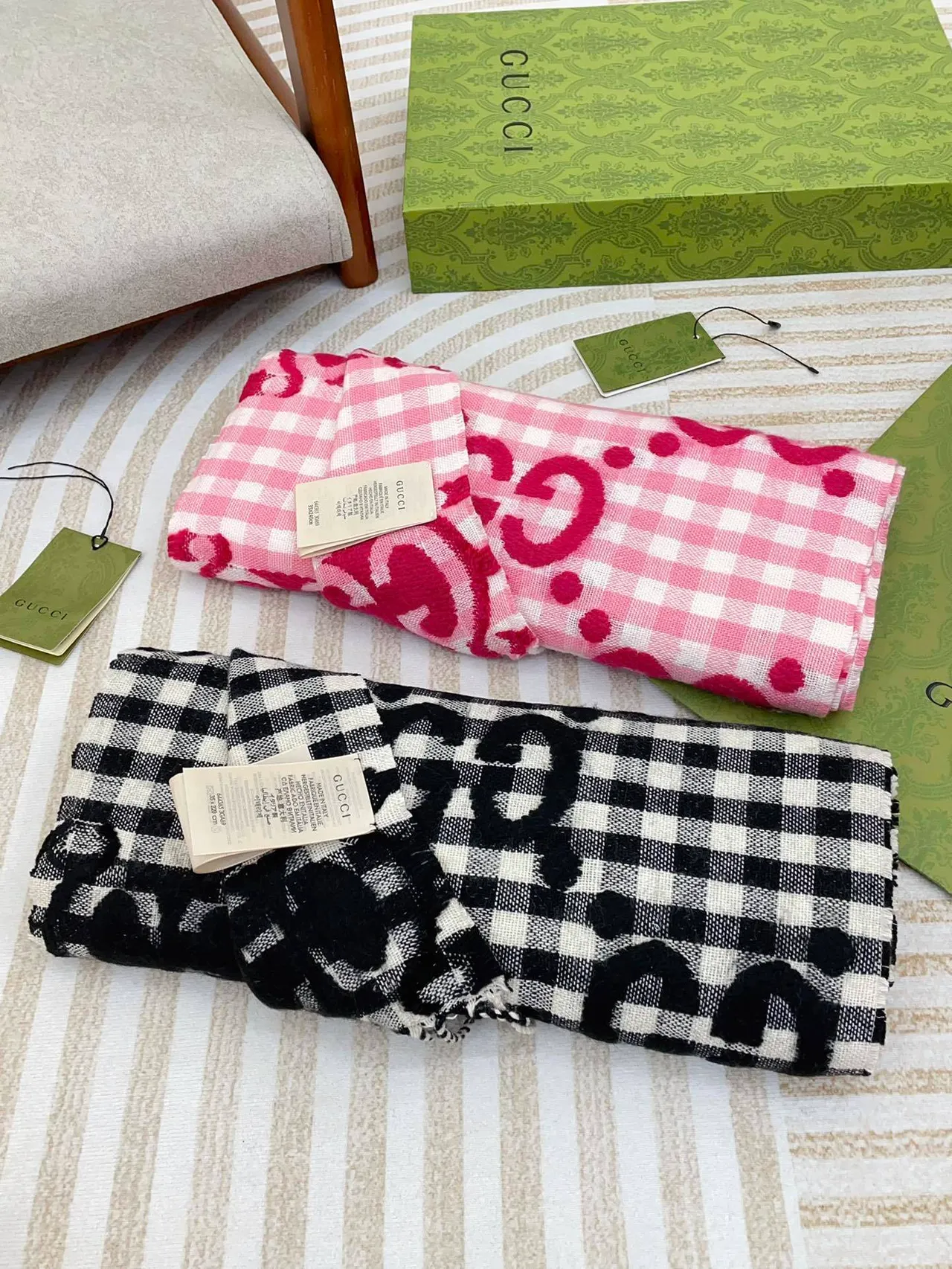 Gucci GG Marmont Black White Gingham Raised Interlocking G Monogram Scarve 5