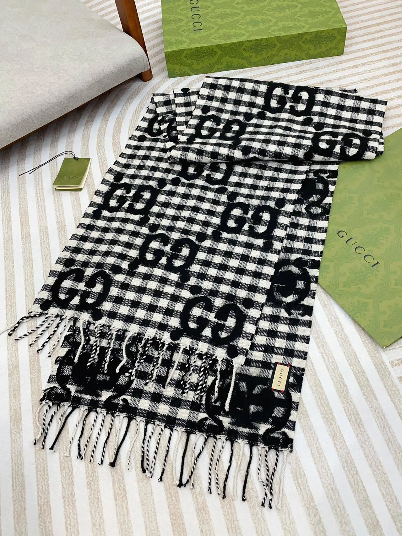 Gucci GG Marmont Black White Gingham Raised Interlocking G Monogram Scarve 7