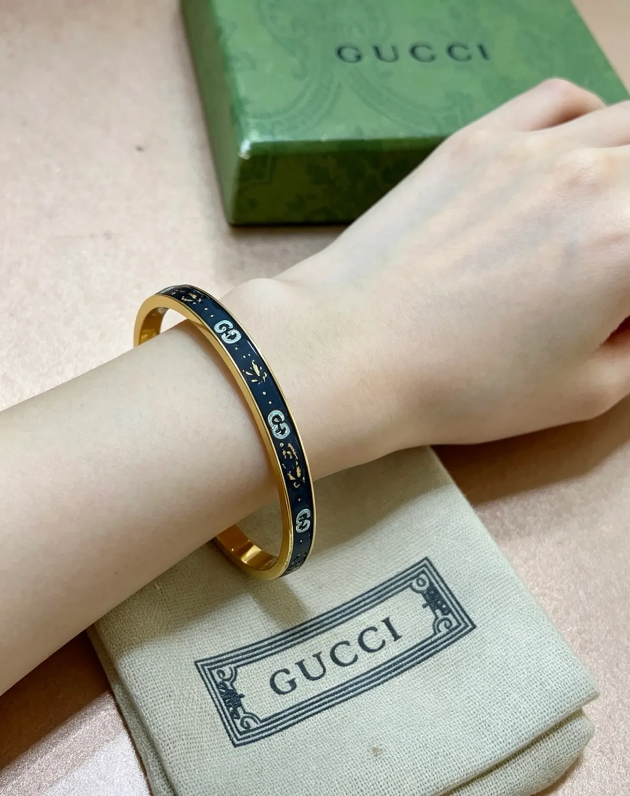 Gucci GG Marmont Blue Enamel and Gold-Tone Hinged Bracelet 2