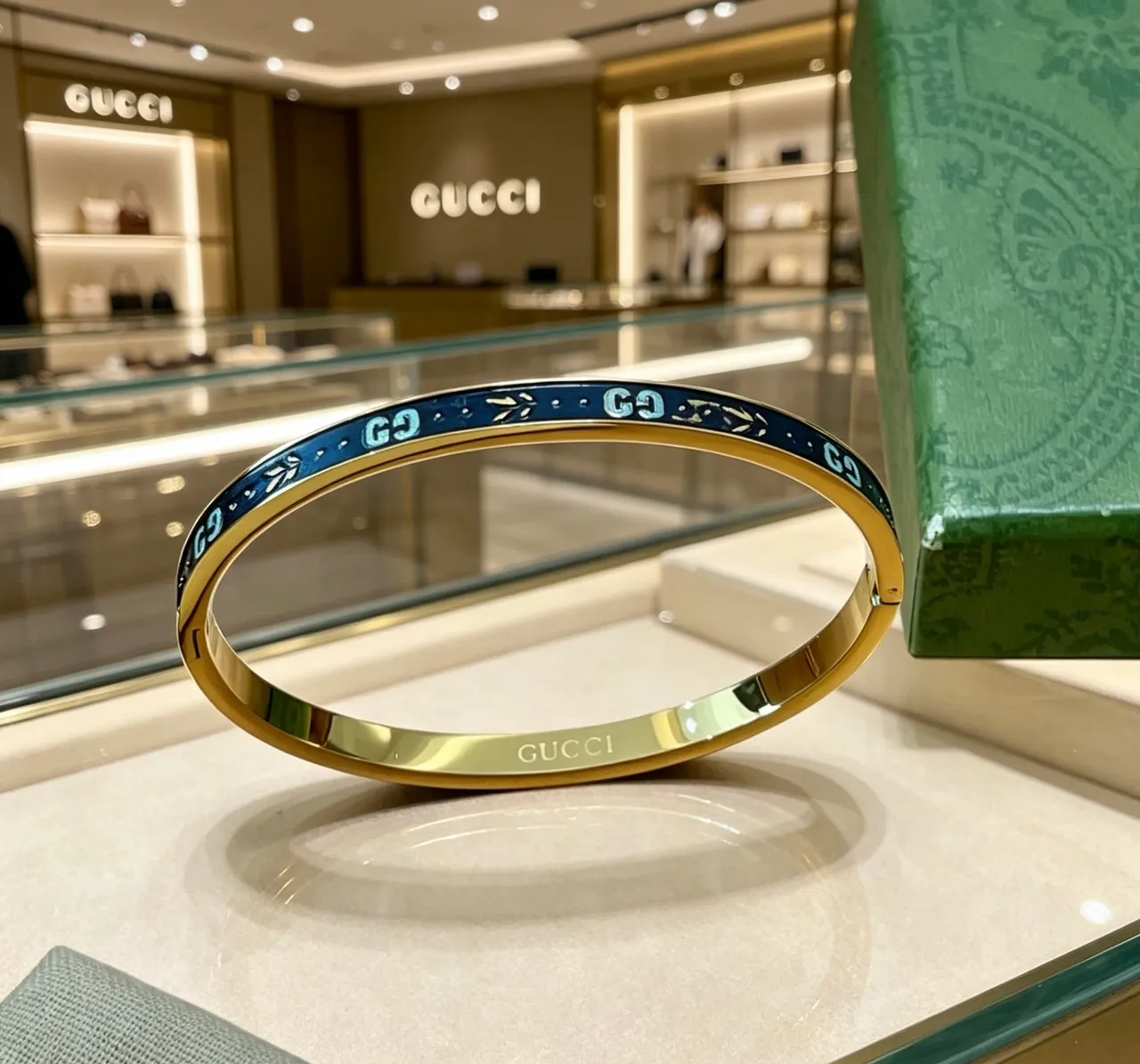 Gucci GG Marmont Blue Enamel and Gold-Tone Hinged Bracelet 3
