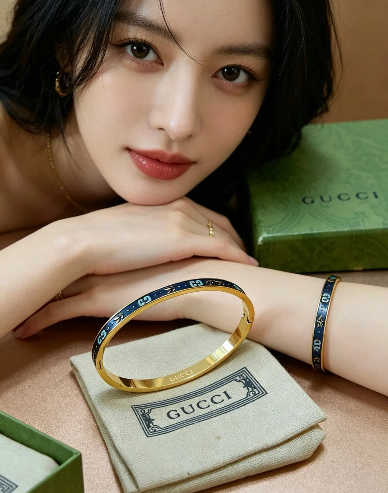 Gucci GG Marmont Blue Enamel and Gold-Tone Hinged Bracelet 5