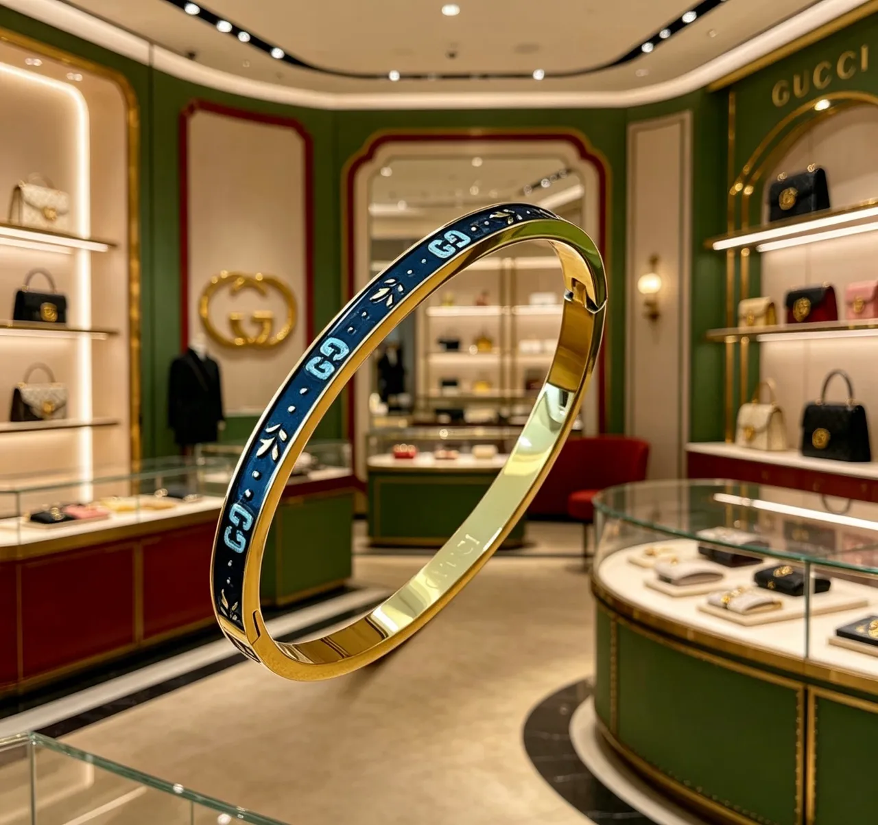 Gucci GG Marmont Blue Enamel and Gold-Tone Hinged Bracelet 7