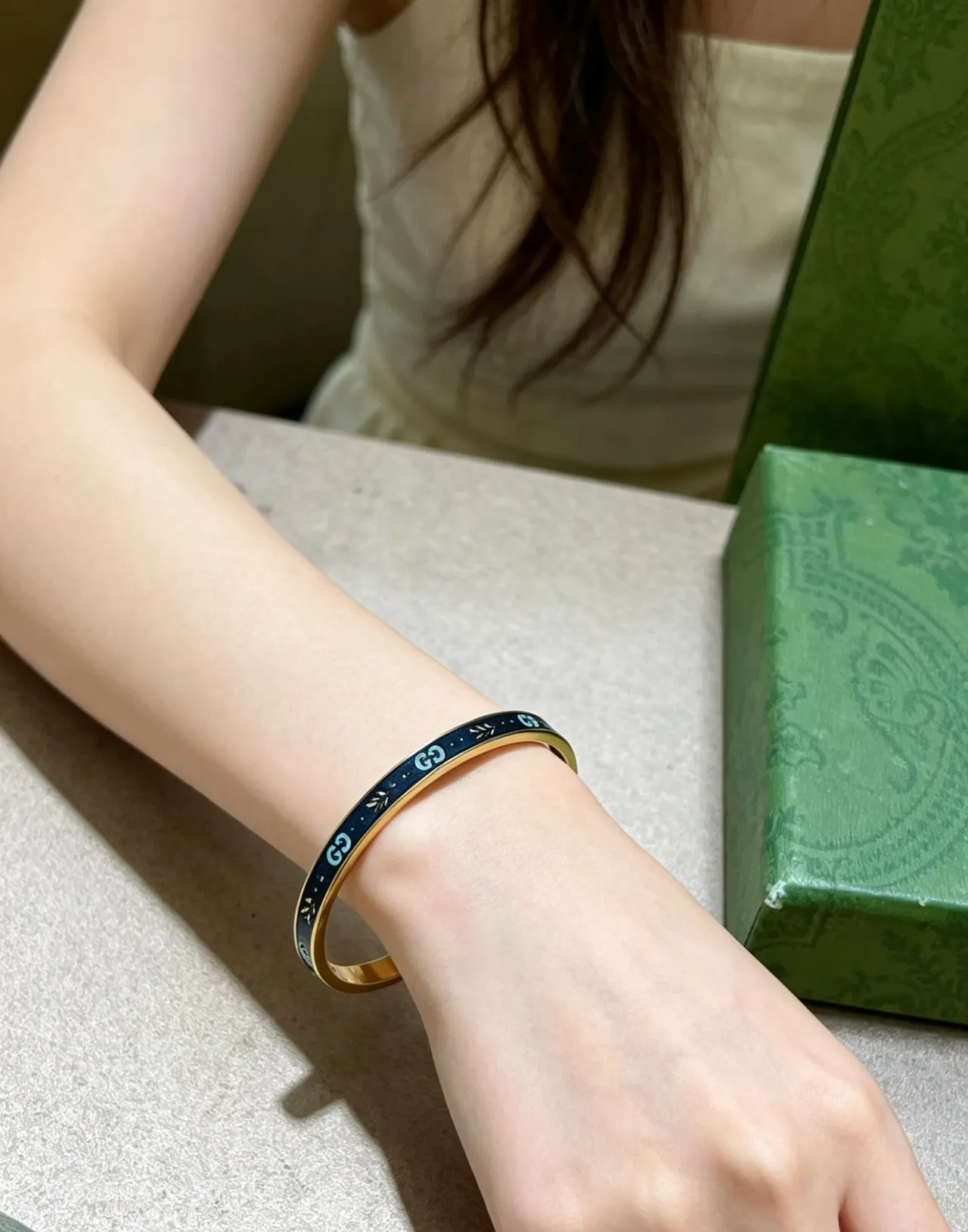 Gucci GG Marmont Blue Enamel and Gold-Tone Hinged Bracelet 8