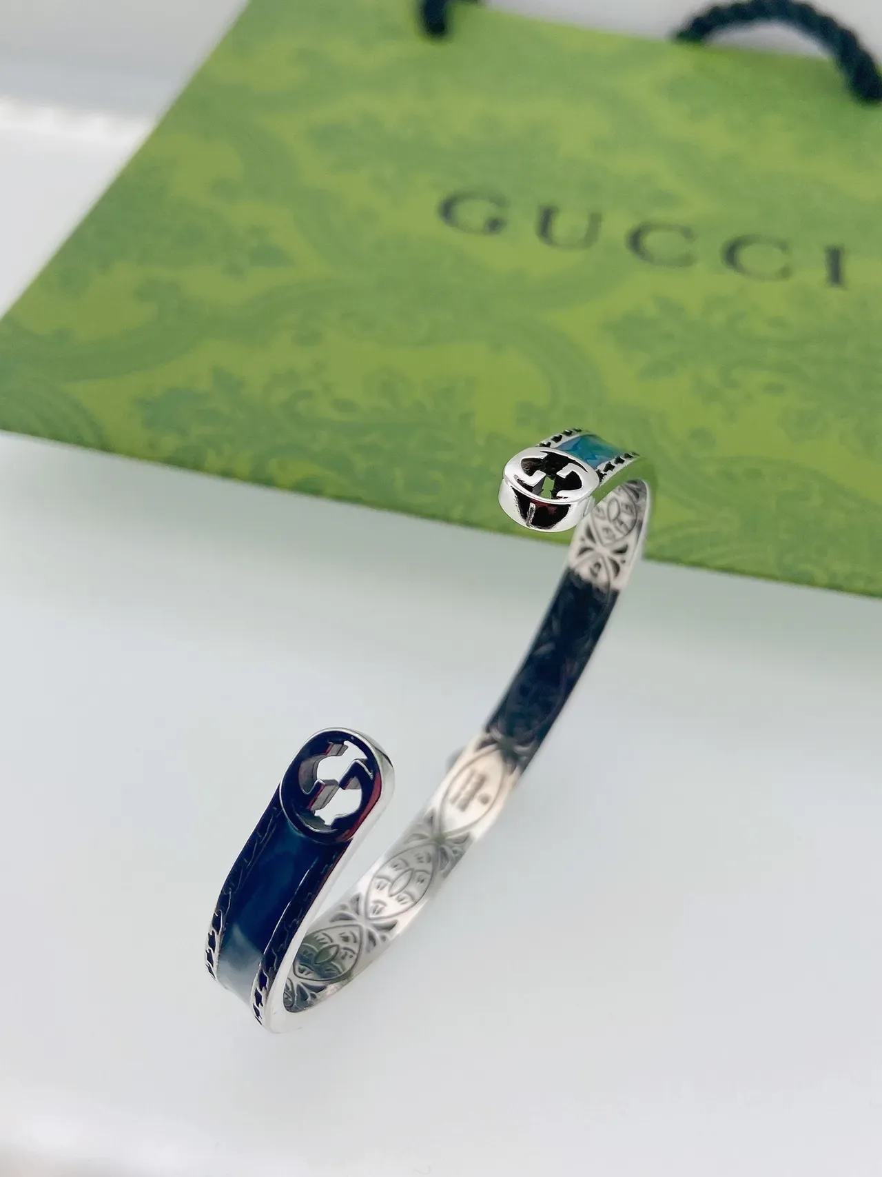 Gucci GG Marmont Blue Enamel Open Cuff Bracelet 4