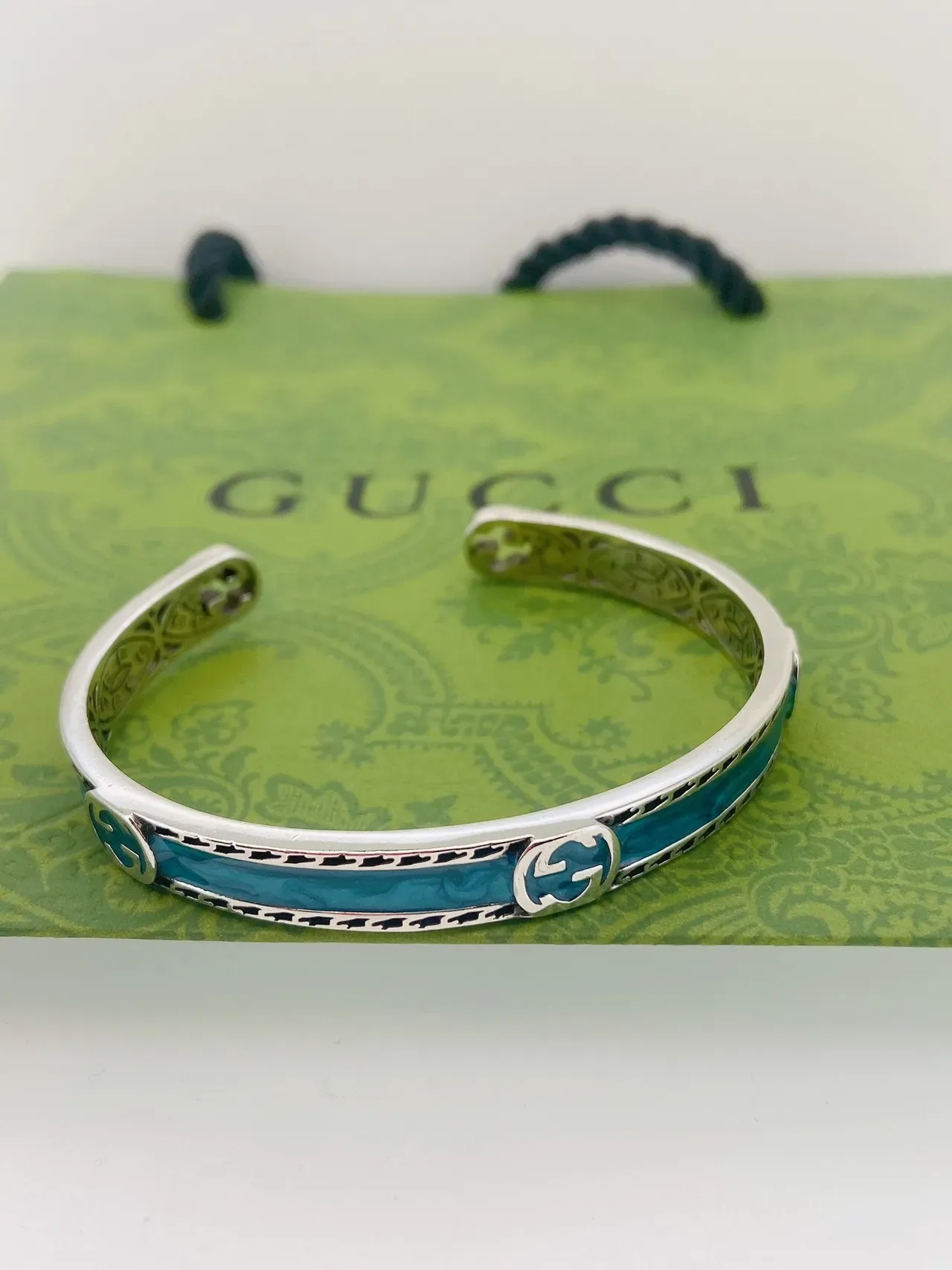 Gucci GG Marmont Blue Enamel Open Cuff Bracelet 5