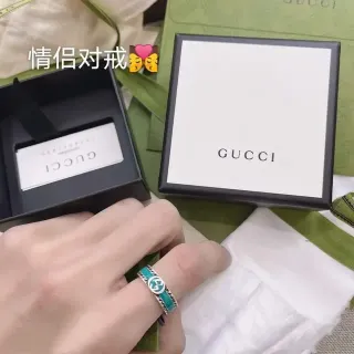 Gucci GG Marmont Blue Silver Metal Turquoise Enamel Inlay Ring