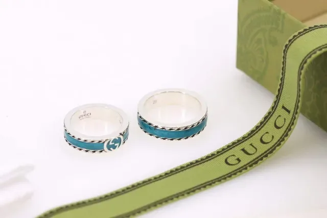 Gucci GG Marmont Blue Silver Metal Turquoise Enamel Inlay Ring 4