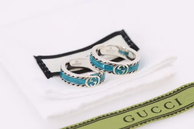 Gucci GG Marmont Blue Silver Metal Turquoise Enamel Inlay Ring 5