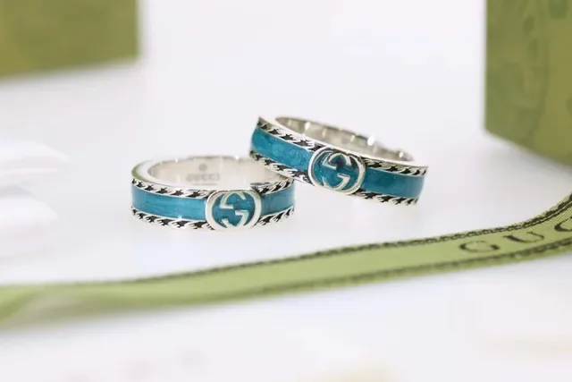 Gucci GG Marmont Blue Silver Metal Turquoise Enamel Inlay Ring 6