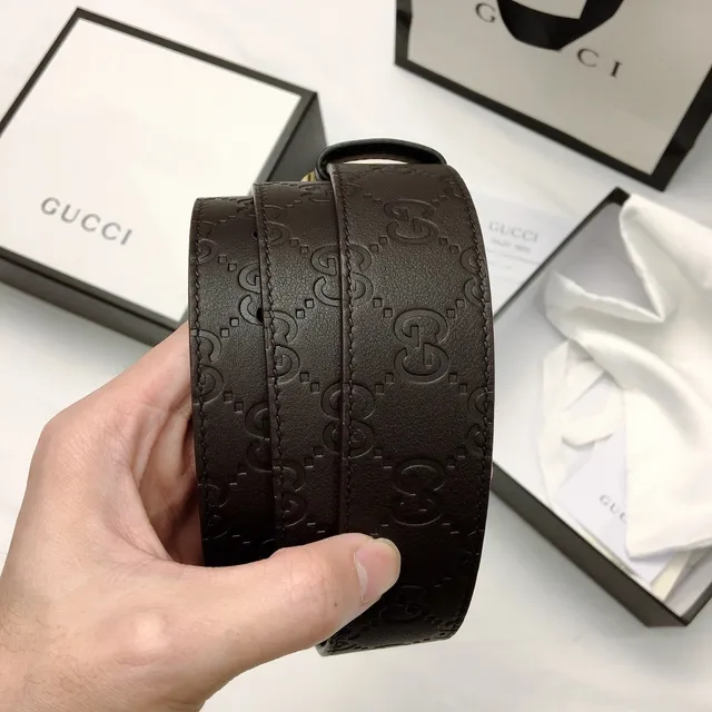 Gucci GG Marmont Brown Gold Embossed Monogram Interlocking G Buckle Leather Belt 2