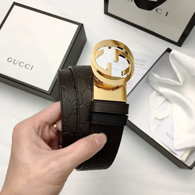 Gucci GG Marmont Brown Gold Embossed Monogram Interlocking G Buckle Leather Belt 3