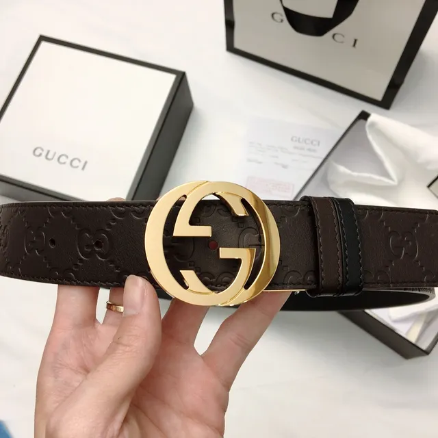 Gucci GG Marmont Brown Gold Embossed Monogram Interlocking G Buckle Leather Belt 4
