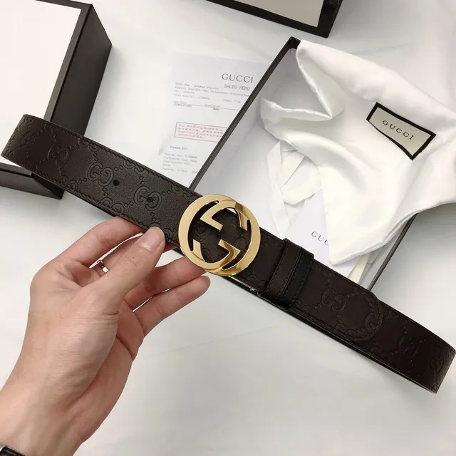 Gucci GG Marmont Brown Gold Embossed Monogram Interlocking G Buckle Leather Belt 5