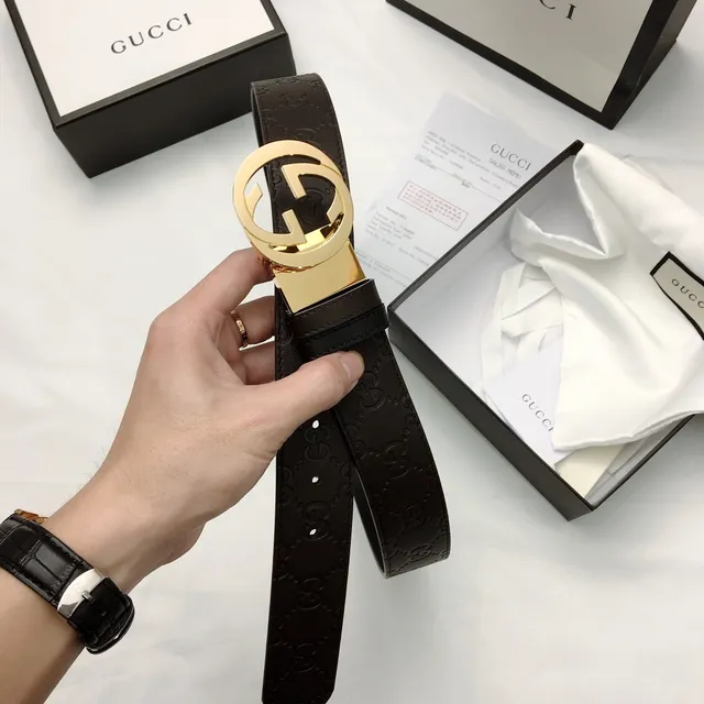 Gucci GG Marmont Brown Gold Embossed Monogram Interlocking G Buckle Leather Belt 6