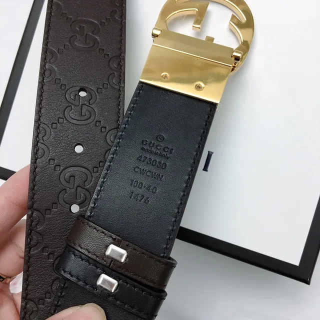 Gucci GG Marmont Brown Gold Embossed Monogram Interlocking G Buckle Leather Belt 7