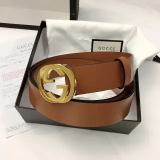 Gucci GG Marmont Brown Gold Interlocking G Buckle Smooth Strap Leather Belt