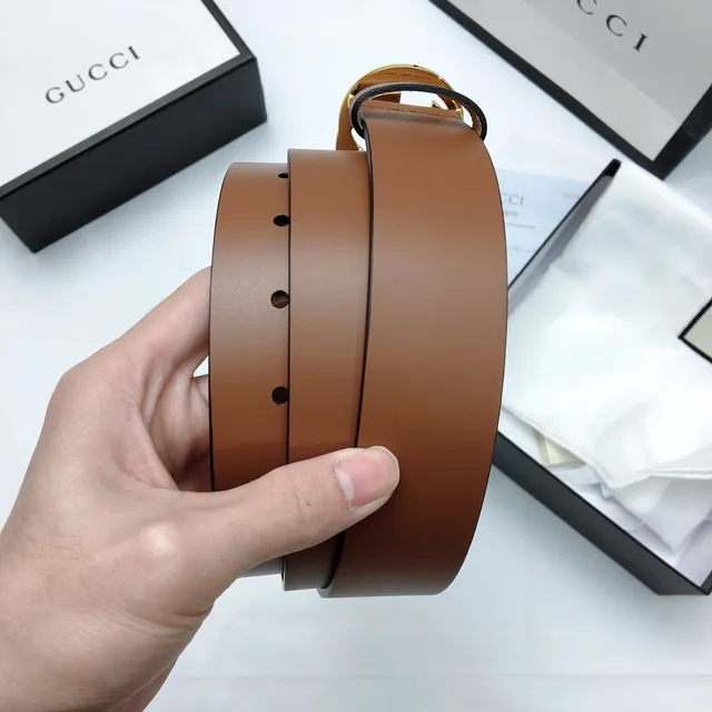 Gucci GG Marmont Brown Gold Interlocking G Buckle Smooth Strap Leather Belt 2